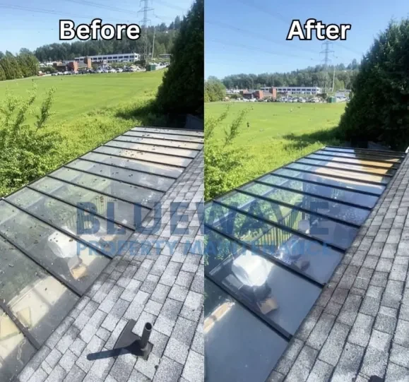 Before and after of a skylight cleaning